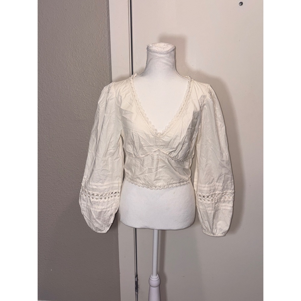 A New Day Womens Cream Eyelet Puff Sleeve Smocked Back Crop Top Blouse Small NWT